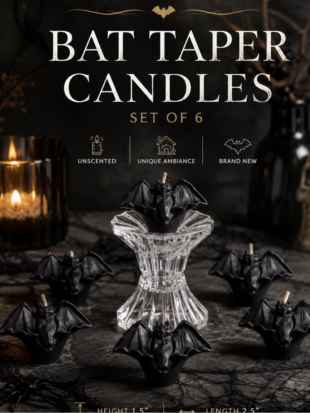 Illuminations Black Bat Taper Candles Set of 6 Halloween Gothic Decor